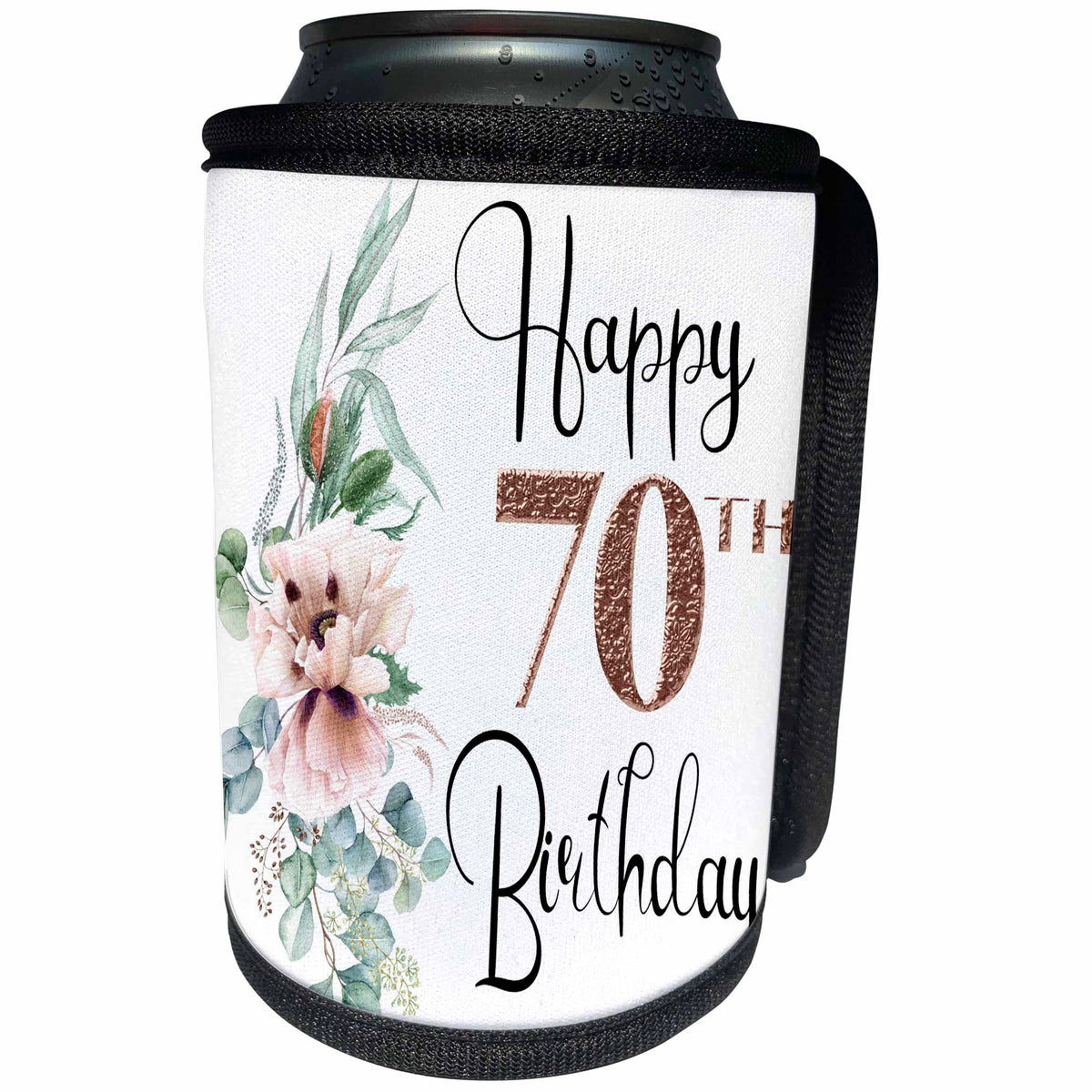 3dRose Happy 70th Birthday With Pink Blush Flowers - Can Cooler Bottle Wrap (cc_359411)