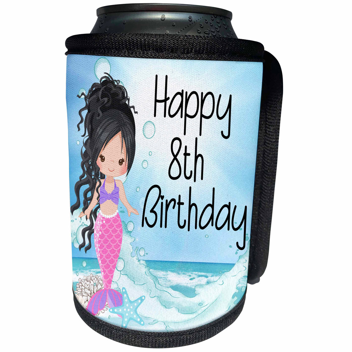 3dRose Happy 8th Birthday With A Cute Dark Haired Mermaid In... - Can Cooler Bottle Wrap (cc_359453)