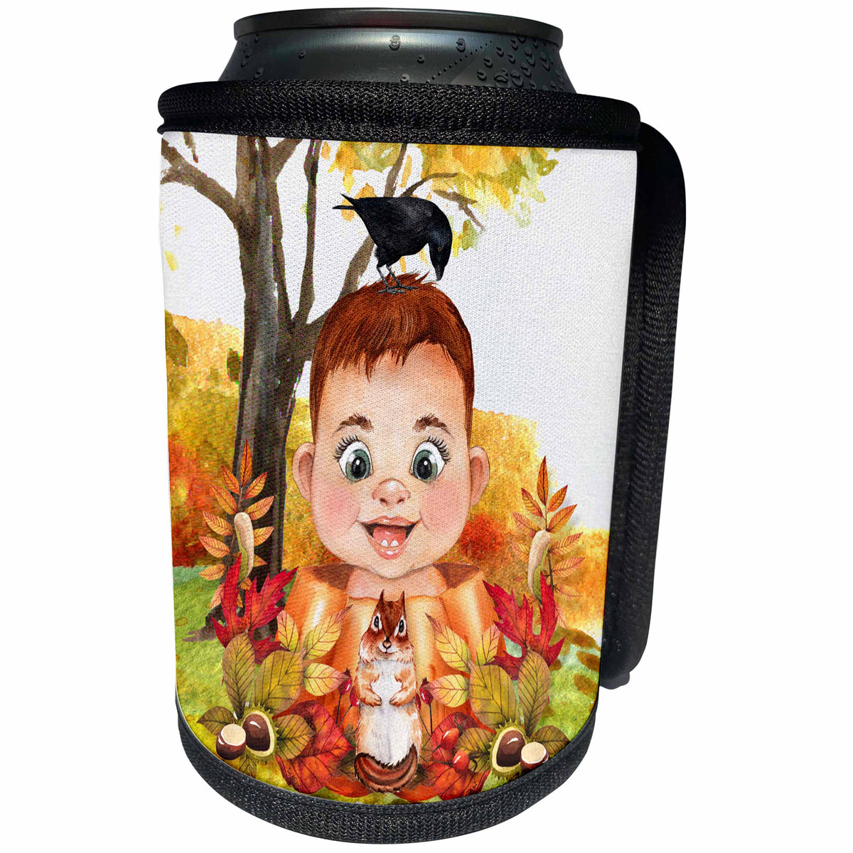 3dRose Cute Baby Boy in a Pumpkin Thanksgiving Squirrel and... - Can Cooler Bottle Wrap (cc-360898)
