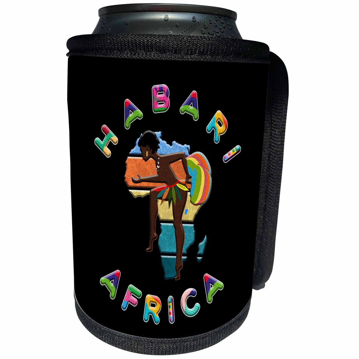 3dRose Africa - Hello in Swahili - Habari on black. Charming... - Can Cooler Bottle Wrap (cc-365331)