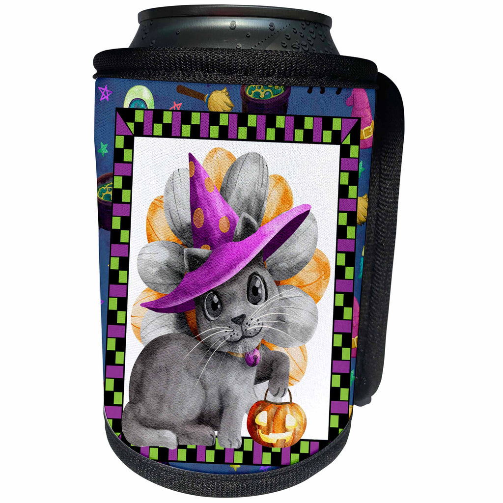 3dRose Cute Halloween Witch Cat With A Pumpkin Design - Can Cooler Bottle Wrap (cc-369102)