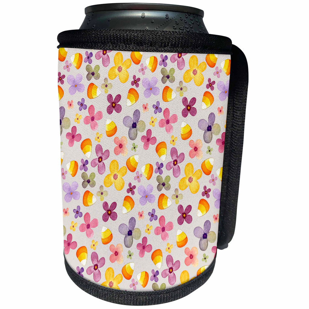 3dRose Cute Flowers and Candy Corn Halloween Pattern - Can Cooler Bottle Wrap (cc-369512)