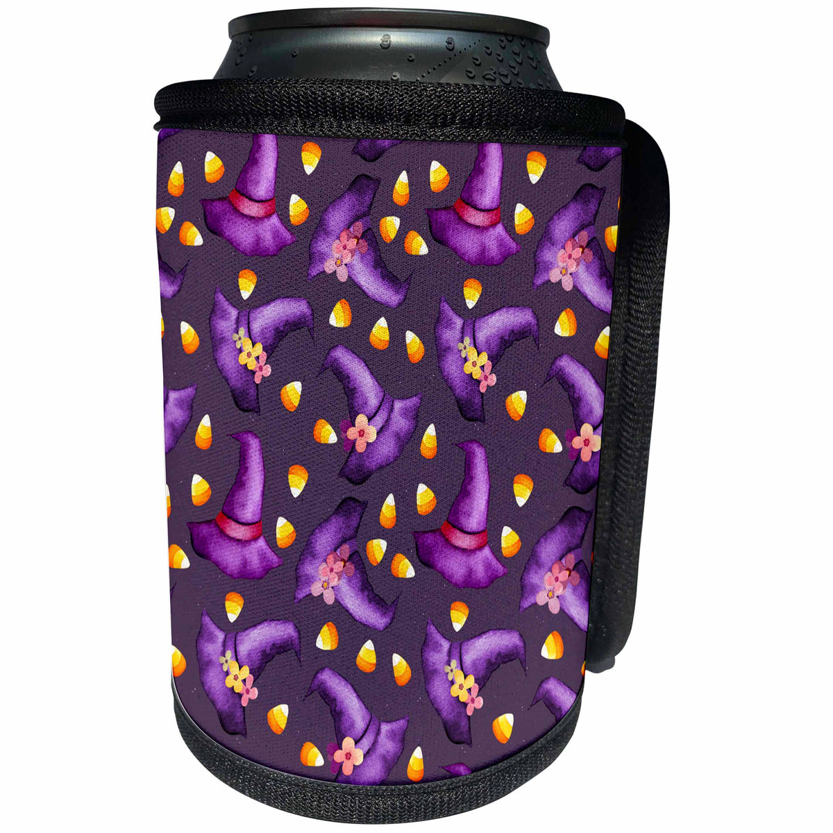 3dRose Pretty Flowered Witches Purple Hats and Candy Corn... - Can Cooler Bottle Wrap (cc-369514)