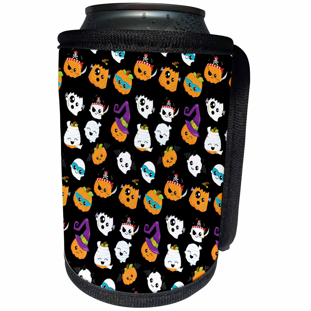 3dRose Cute Pumpkins, Ghosts, and Mummy Faces Halloween Pattern - Can Cooler Bottle Wrap (cc-369526)