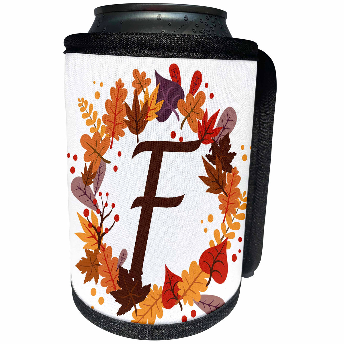 3dRose Autumn Leaves Wreath Monogram F Brown Initial - Can Cooler Bottle Wrap (cc-369608)
