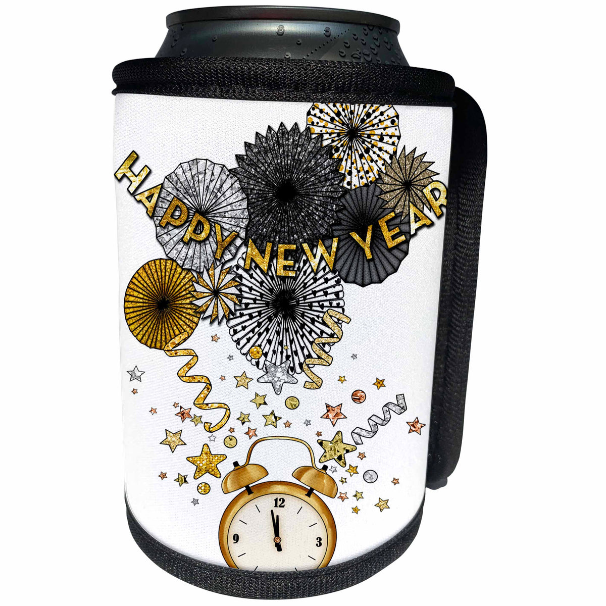 3dRose Happy New Year Image Of Gold Clock and Confetti - Can Cooler Bottle Wrap (cc-369998)