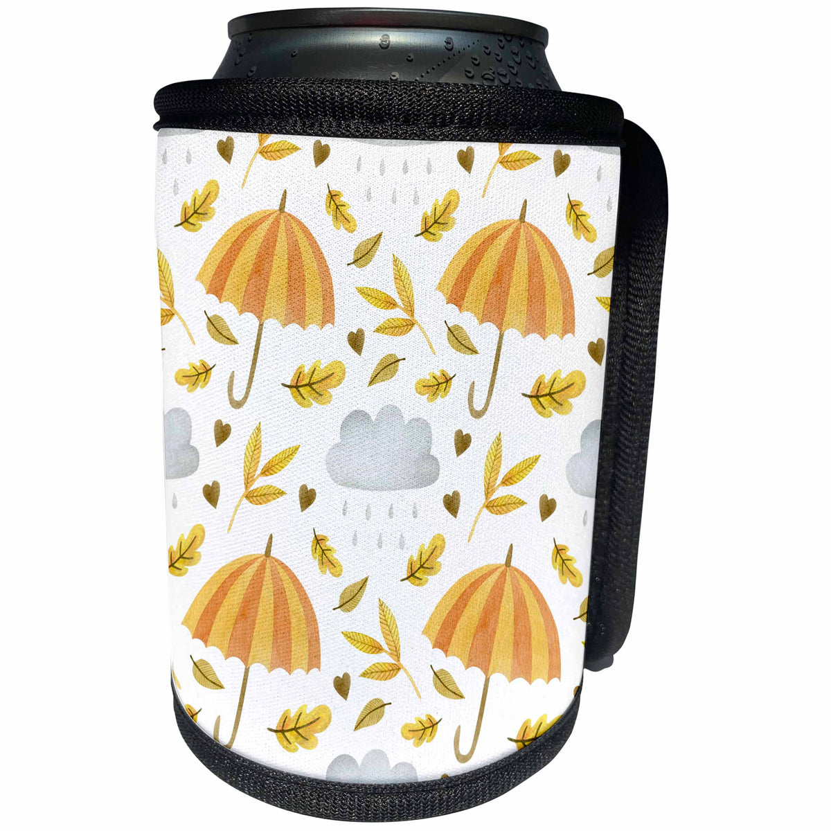 3dRose Cute Orange Umbrellas, Raining Clouds, and Fall Leaves... - Can Cooler Bottle Wrap (cc-370252)