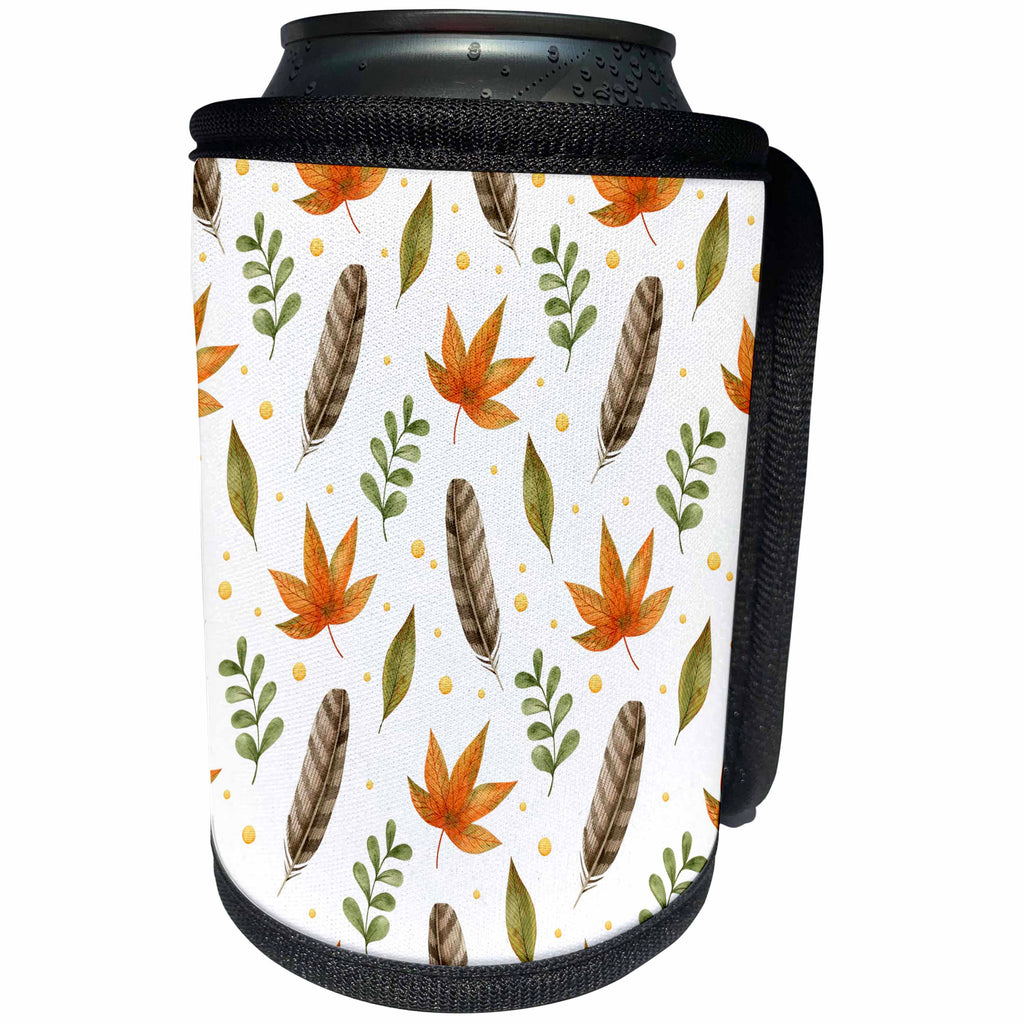 3dRose Pretty Fall Leaves and Feathers Pattern - Can Cooler Bottle Wrap (cc-370254)