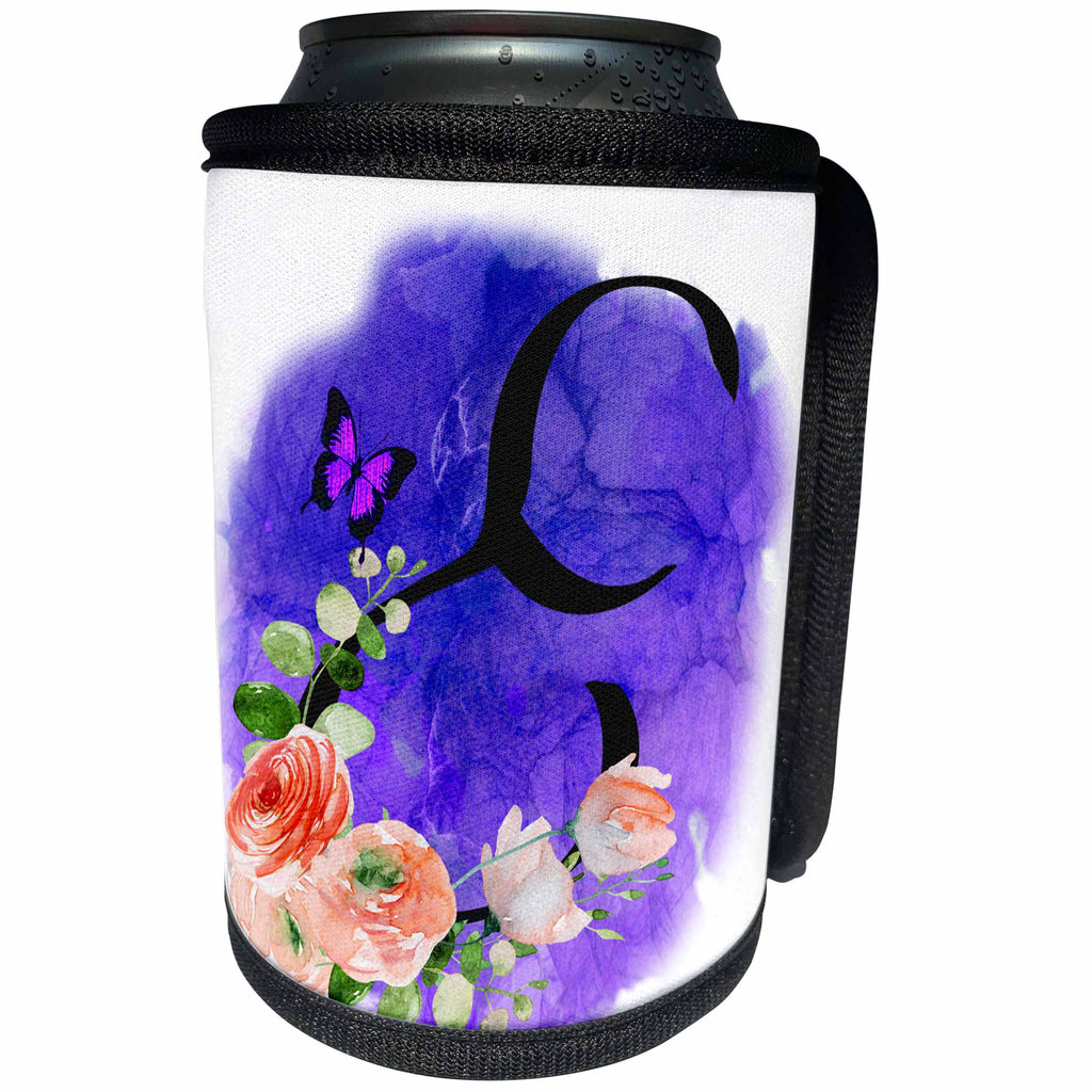 3dRose Monogram Letter E Watercolor Flowers Butterfly Blue... - Can Cooler Bottle Wrap (cc-370265)