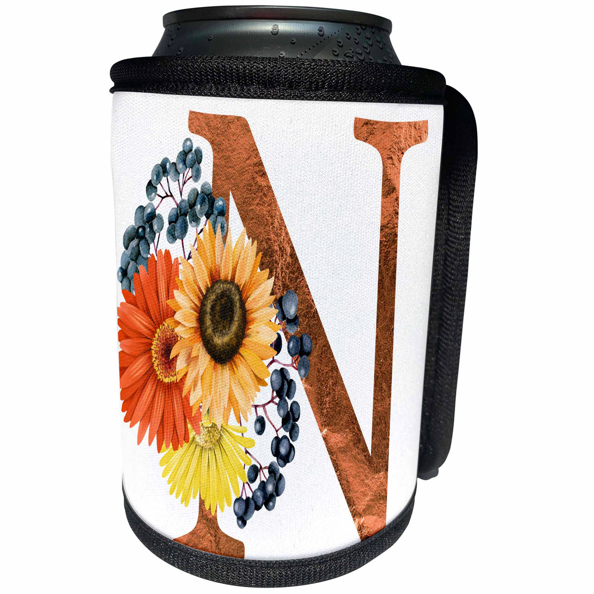 3dRose Pretty Fall Flowers Image Of Copper Monogram Initial N - Can Cooler Bottle Wrap (cc-370431)