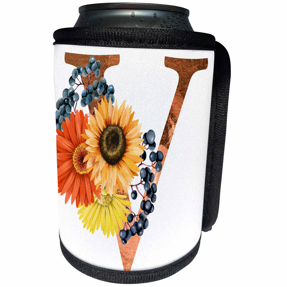 3dRose Pretty Fall Flowers Image Of Copper Monogram Initial V - Can Cooler Bottle Wrap (cc-370436)