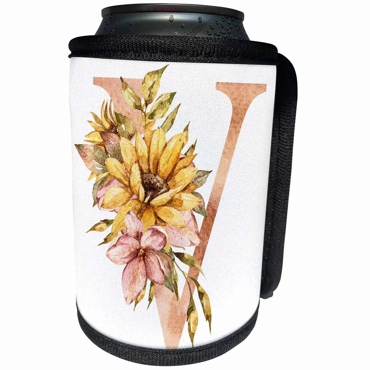 3dRose Pretty Sunflower Monogram Initial V - Can Cooler Bottle Wrap (cc-370516)