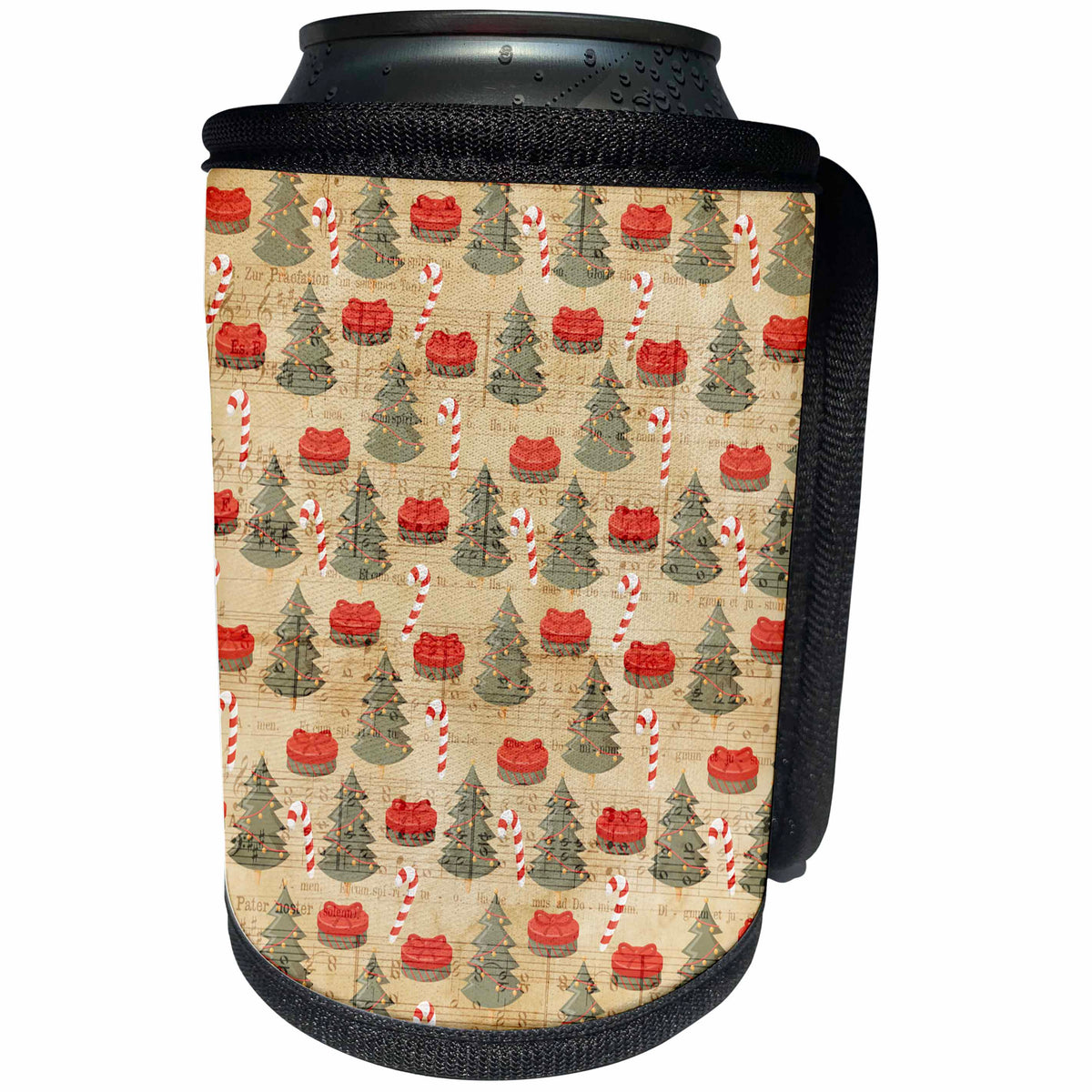 3dRose Vintage Christmas Trees, Gifts, and Candy Canes Over... - Can Cooler Bottle Wrap (cc-370748)