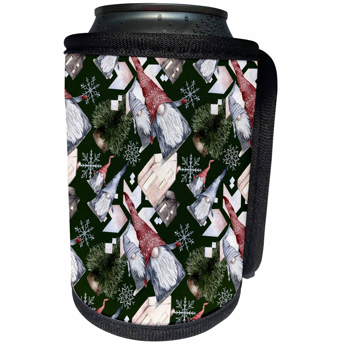 3dRose Cute Christmas Gnomes, Homes, and Snowflakes Pattern - Can Cooler Bottle Wrap (cc-370769)