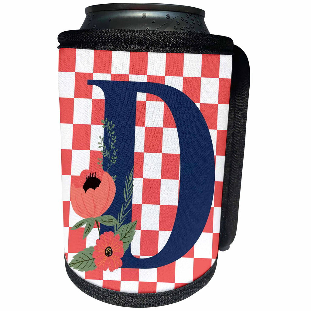 3dRose D Monogram Initial Flowers and Peach Checkered - Can Cooler Bottle Wrap (cc-371098)