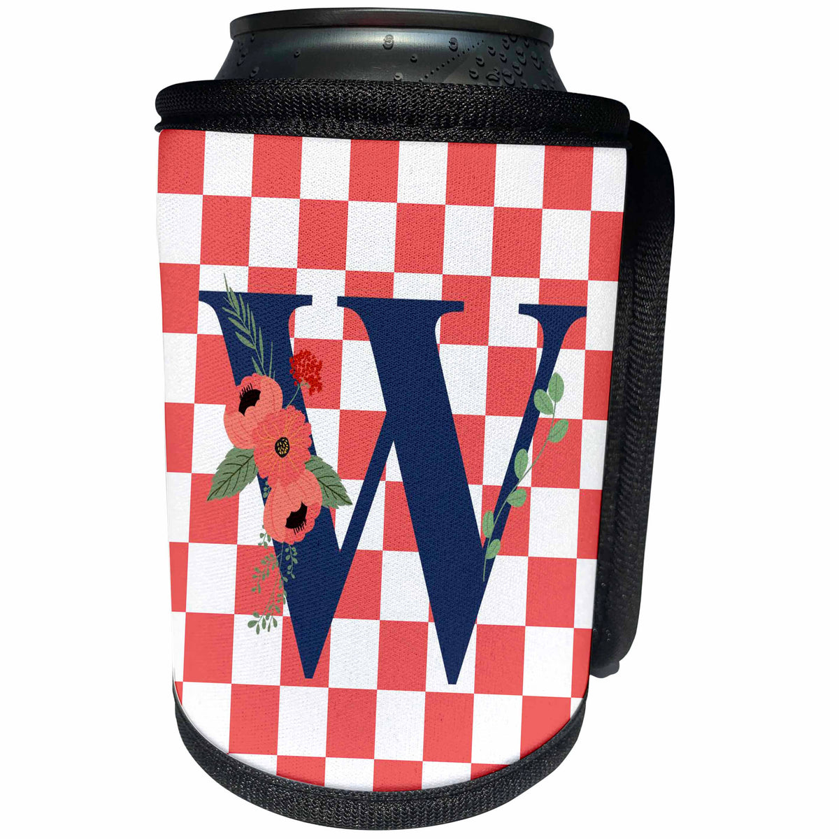 3dRose W Monogram Initial Flowers and Peach Checkered - Can Cooler Bottle Wrap (cc-371104)