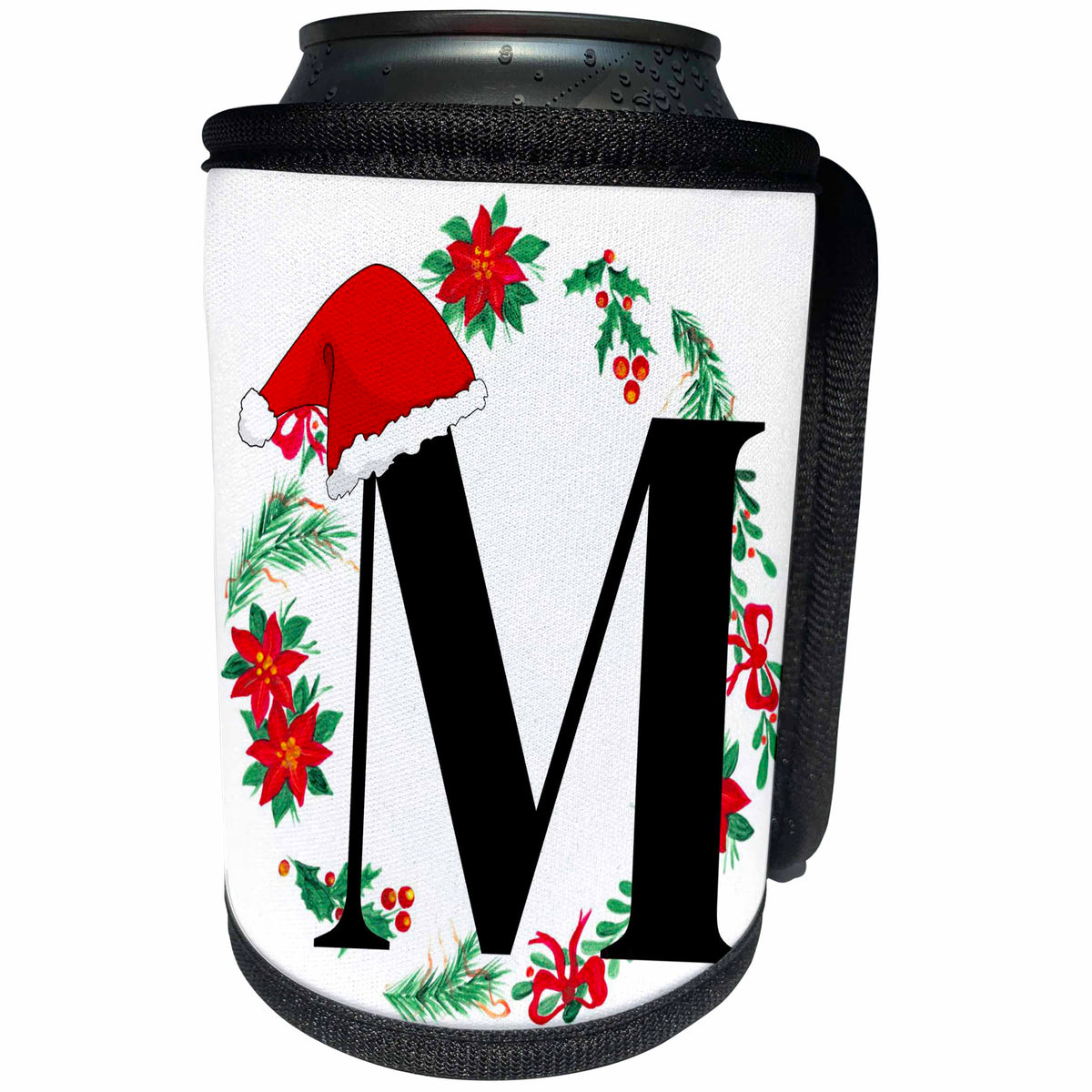 3dRose M Christmas Monogram Initial With Santa Hat And Wreathe - Can Cooler Bottle Wrap (cc-371153)