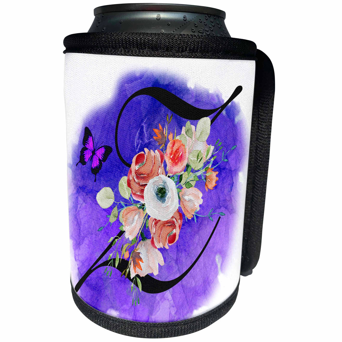 3dRose Monogram Letter Z Watercolor Flowers Butterfly Blue... - Can Cooler Bottle Wrap (cc-371165)