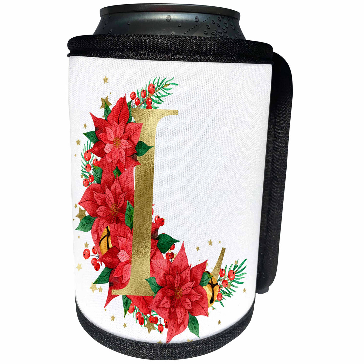 3dRose Elegant Image Of Gold Monogram Initial L Poinsettia... - Can Cooler Bottle Wrap (cc-371279)