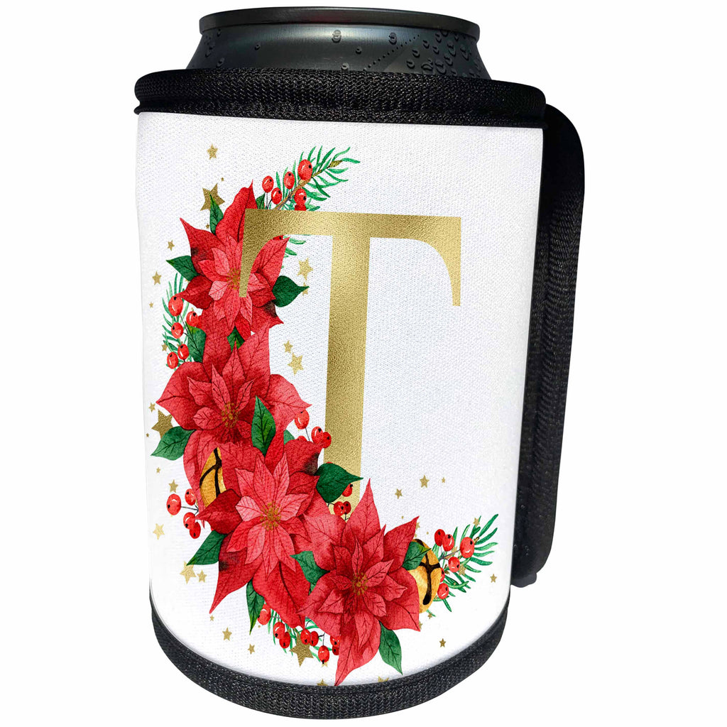 3dRose Elegant Image Of Gold Monogram Initial T Poinsettia... - Can Cooler Bottle Wrap (cc-371285)