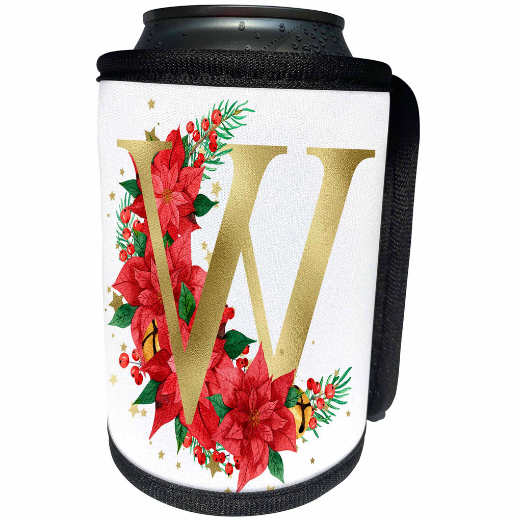 3dRose Elegant Image Of Gold Monogram Initial W Poinsettia... - Can Cooler Bottle Wrap (cc-371287)