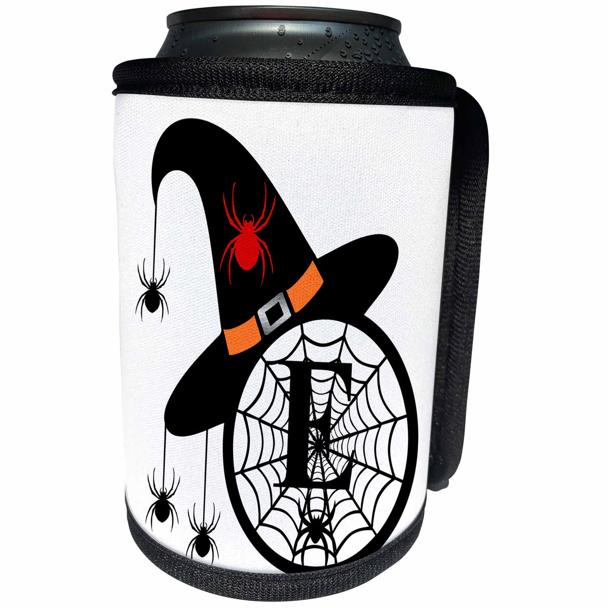 3dRose Monogram E Halloween Witch Hat Spiders and Web - Can Cooler Bottle Wrap (cc-371502)