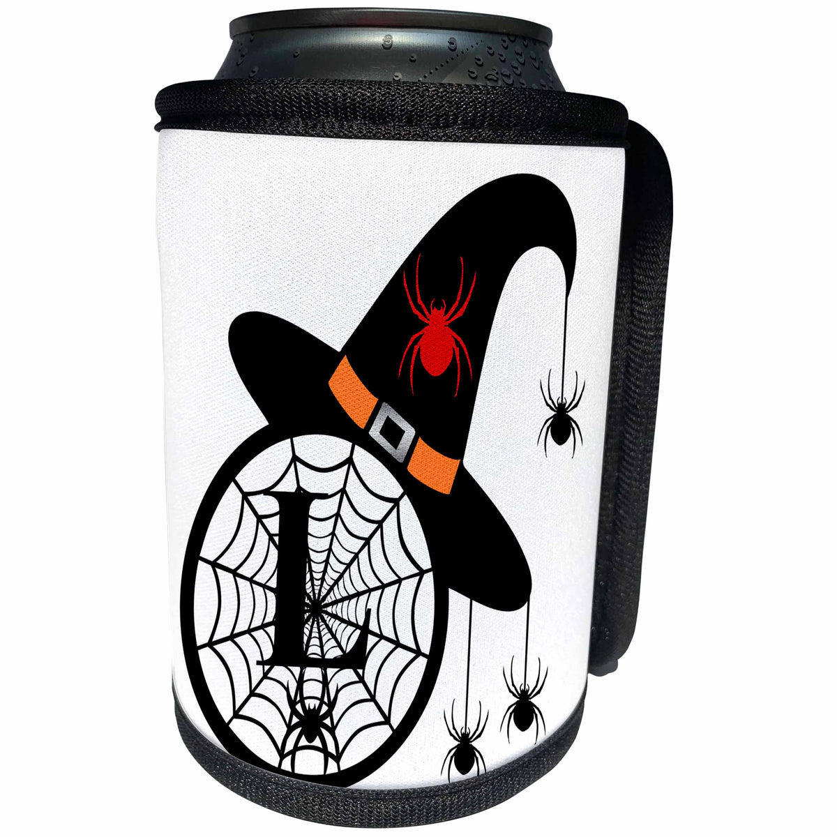 3dRose Monogram L Halloween Witch Hat Spiders and Web - Can Cooler Bottle Wrap (cc-371509)