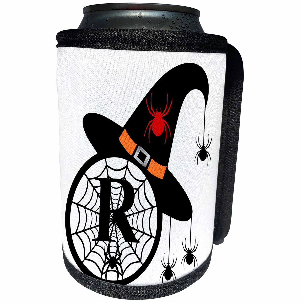 3dRose Monogram R Halloween Witch Hat Spiders and Web - Can Cooler Bottle Wrap (cc-371515)