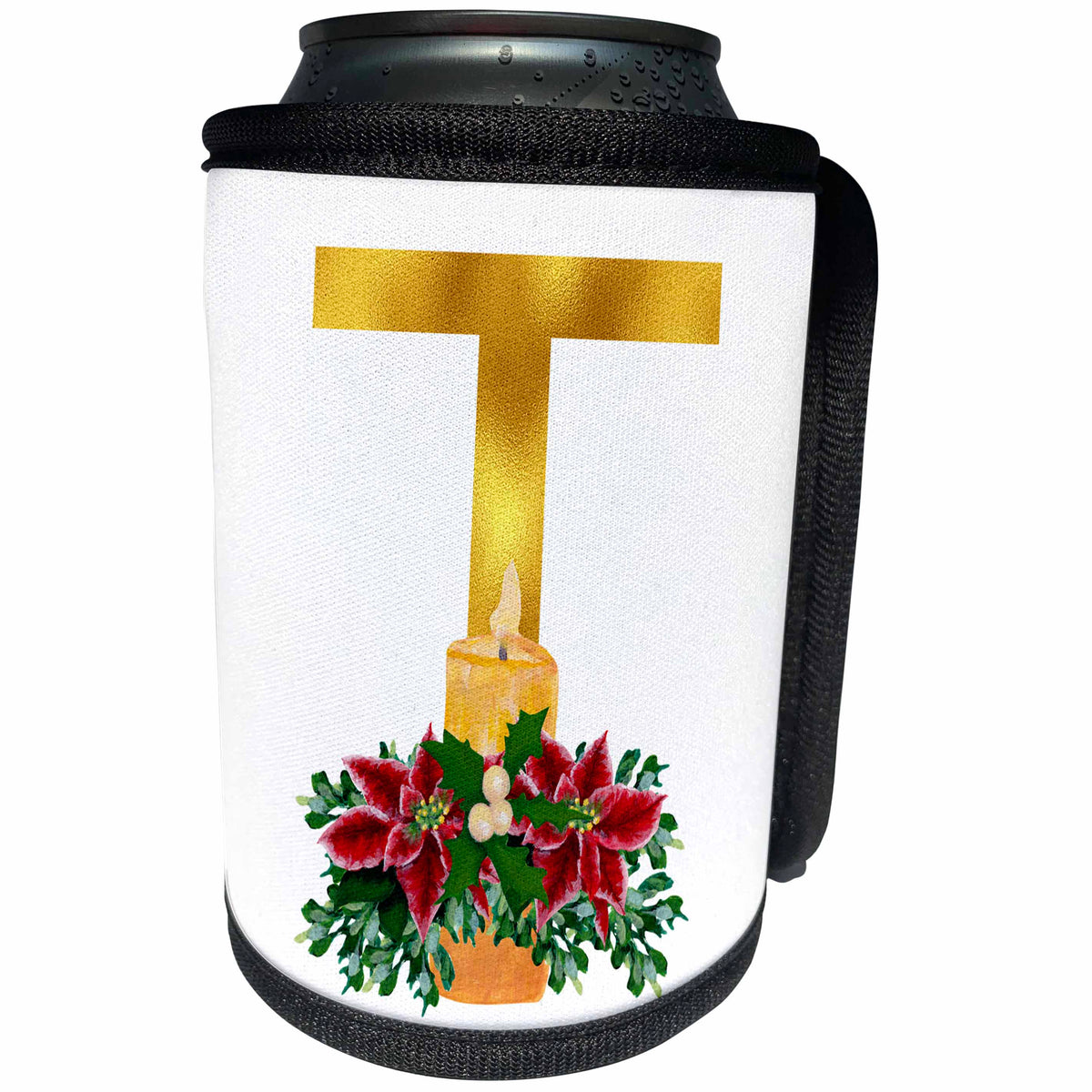 3dRose Christmas Floral Image Of Gold Monogram Initial T - Can Cooler Bottle Wrap (cc-371563)