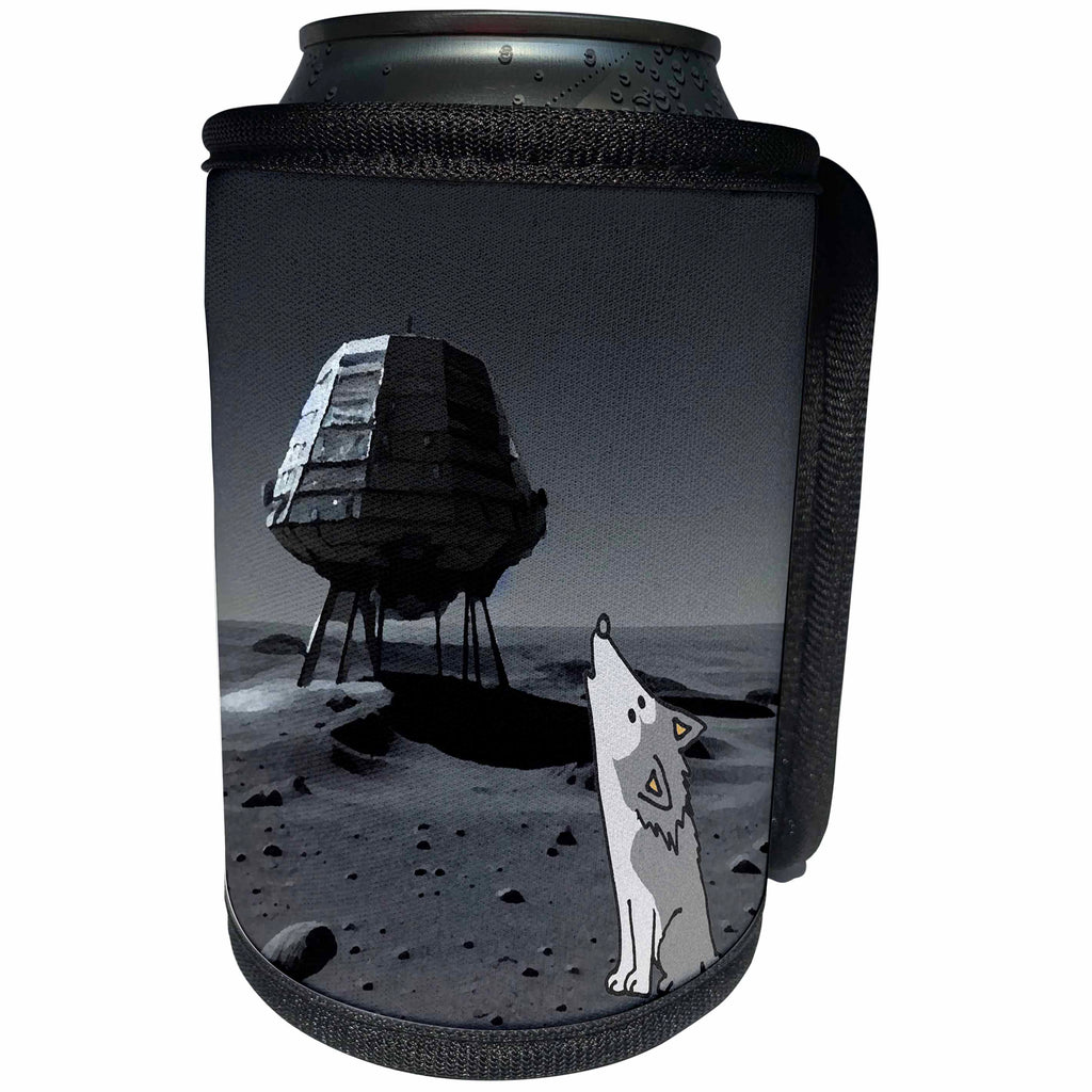 3dRose Cute Funny Howling Wolf Standing on Full Moon Surface... - Can Cooler Bottle Wrap (cc-371659)
