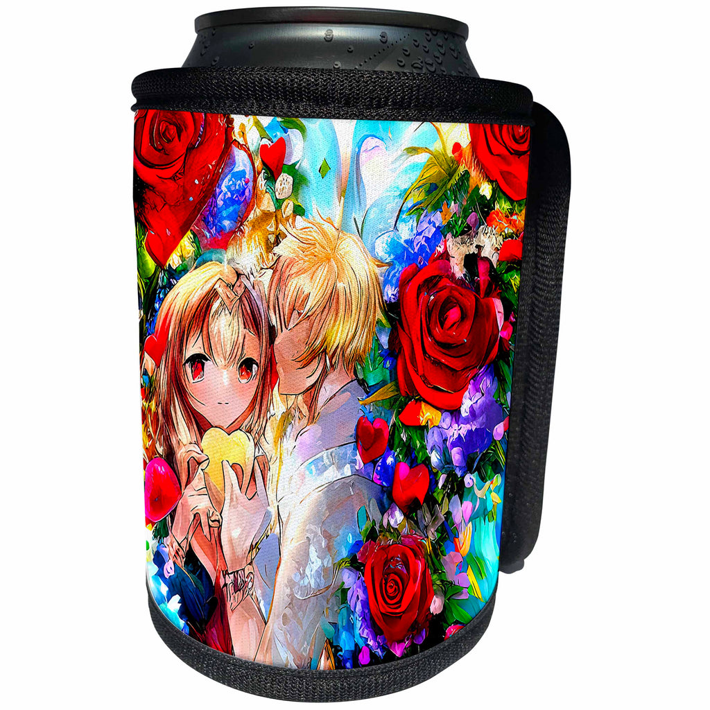 3dRose Valentines Day. Happy young couple, hears, rose flowers... - Can Cooler Bottle Wrap (cc-374938)