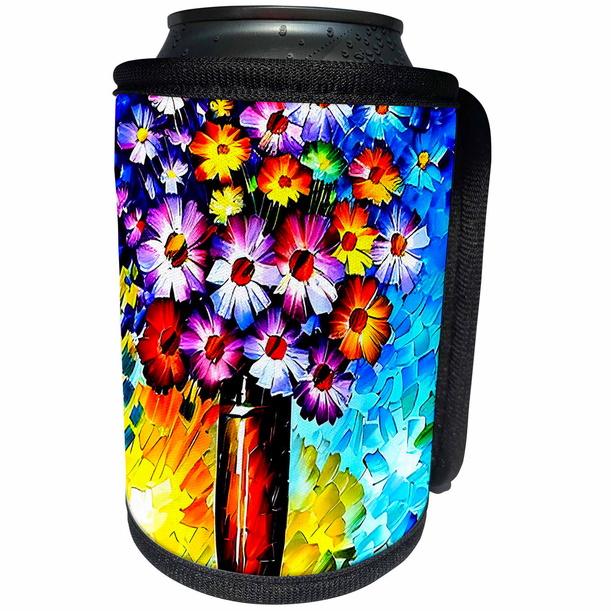3dRose Charming flowers in a long orange vase. Blue and yellow... - Can Cooler Bottle Wrap (cc-374949)