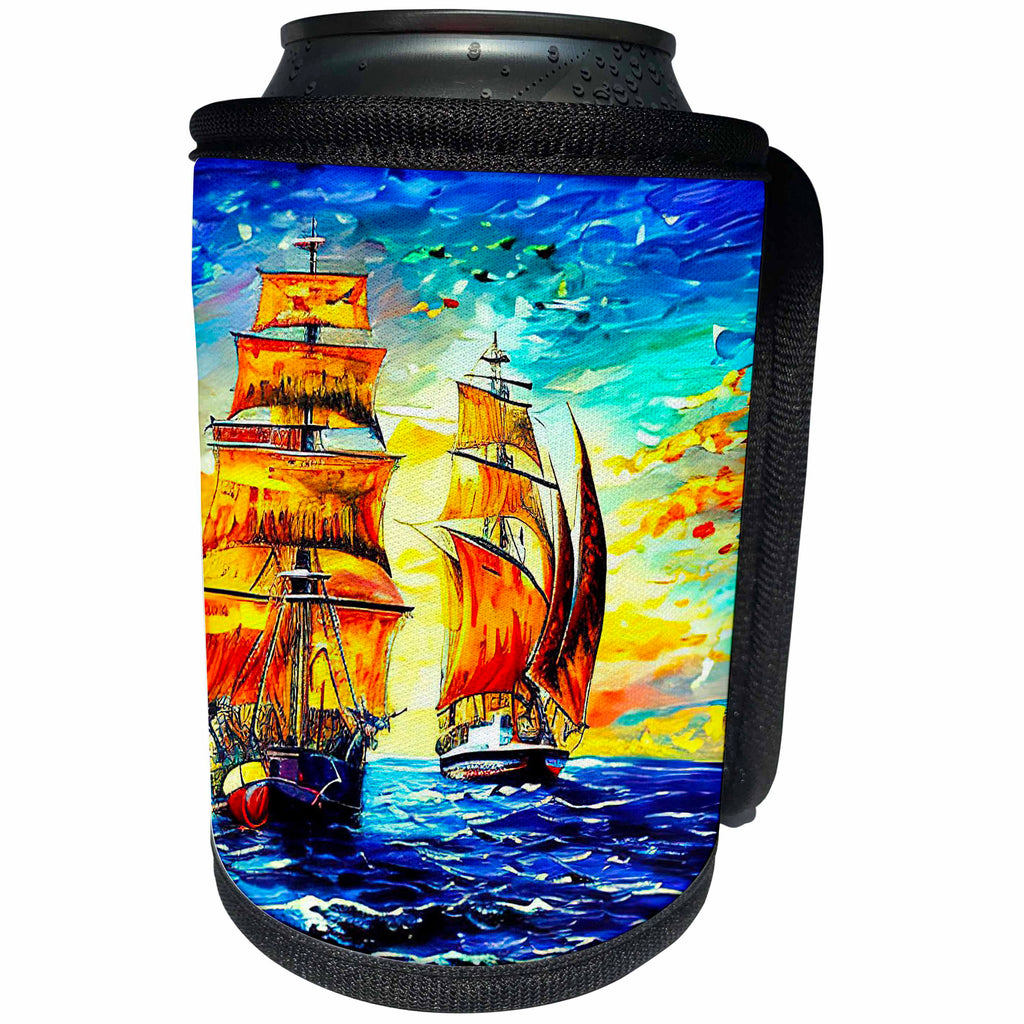3dRose Tall ship digital art. Two fantasy ships at see at... - Can Cooler Bottle Wrap (cc-375676)