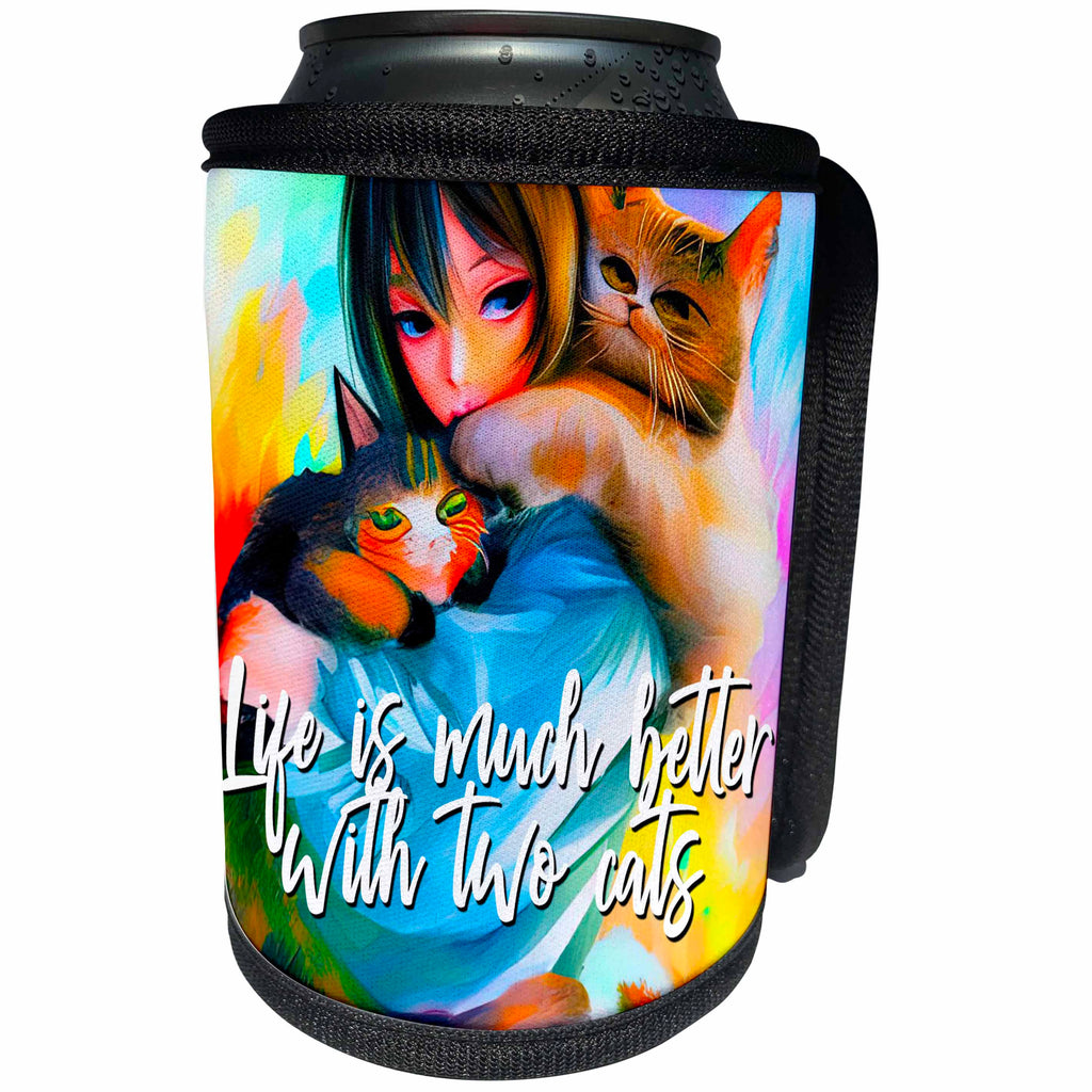 3dRose Beautiful woman with cats. Life is much better with two... - Can Cooler Bottle Wrap (cc-375988)