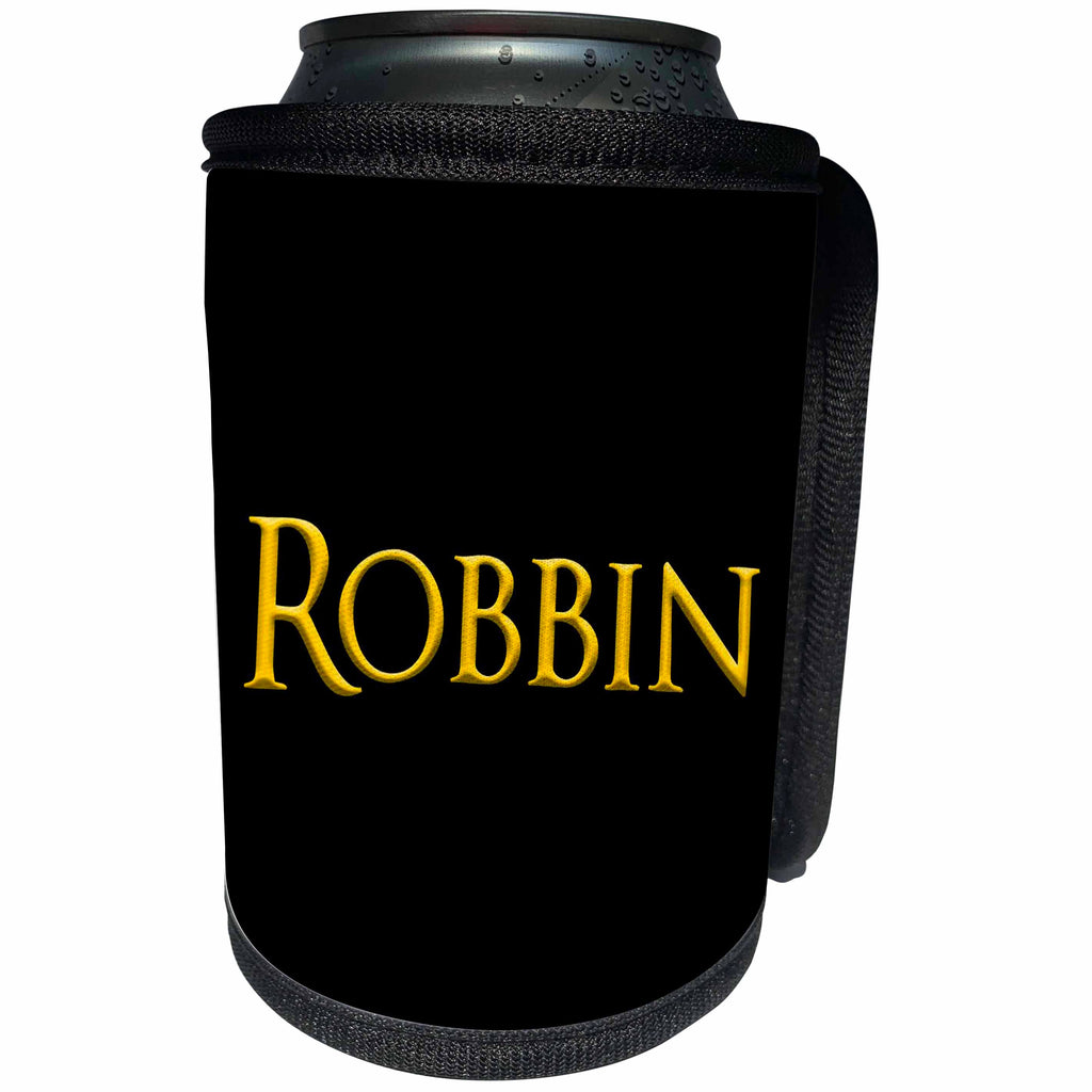 3dRose Robbin, common female name in America. Yellow on black... - Can Cooler Bottle Wrap (cc-376072)