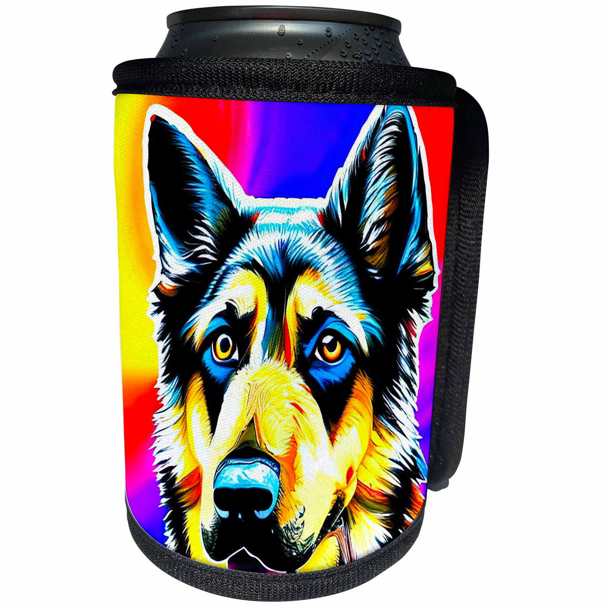 3dRose Stylish German Shepherd dog portrait. Yellow, blue, red... - Can Cooler Bottle Wrap (cc-376116)