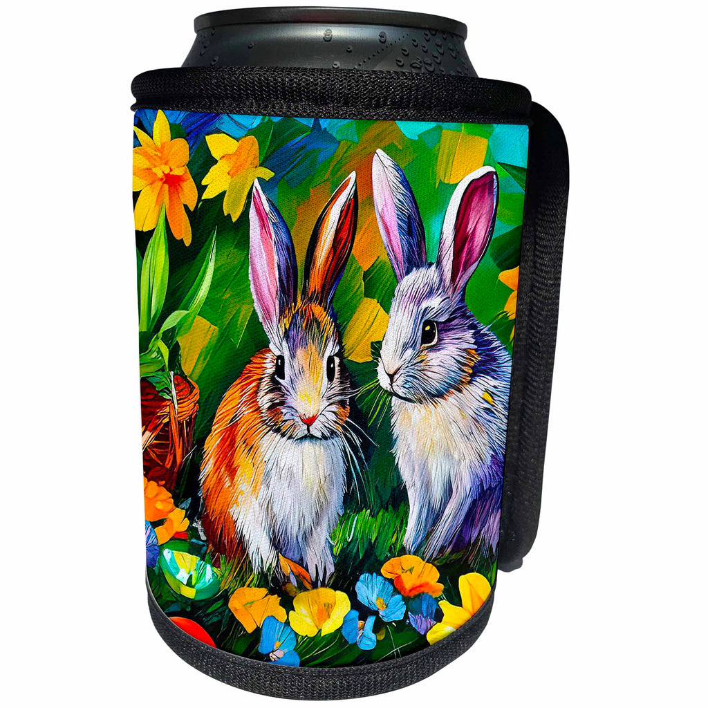 3dRose Two Easter bunnies, yellow, blue flowers, red eggs,... - Can Cooler Bottle Wrap (cc-376432)
