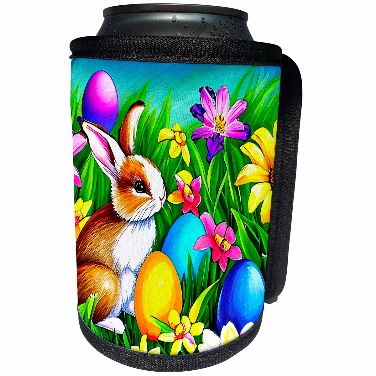 3dRose Cool Easter bunny, colorful eggs, purple, yellow... - Can Cooler Bottle Wrap (cc-376441)