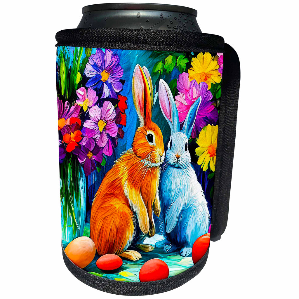 3dRose Ginger and white Easter bunnies, red, yellow eggs,... - Can Cooler Bottle Wrap (cc-376443)