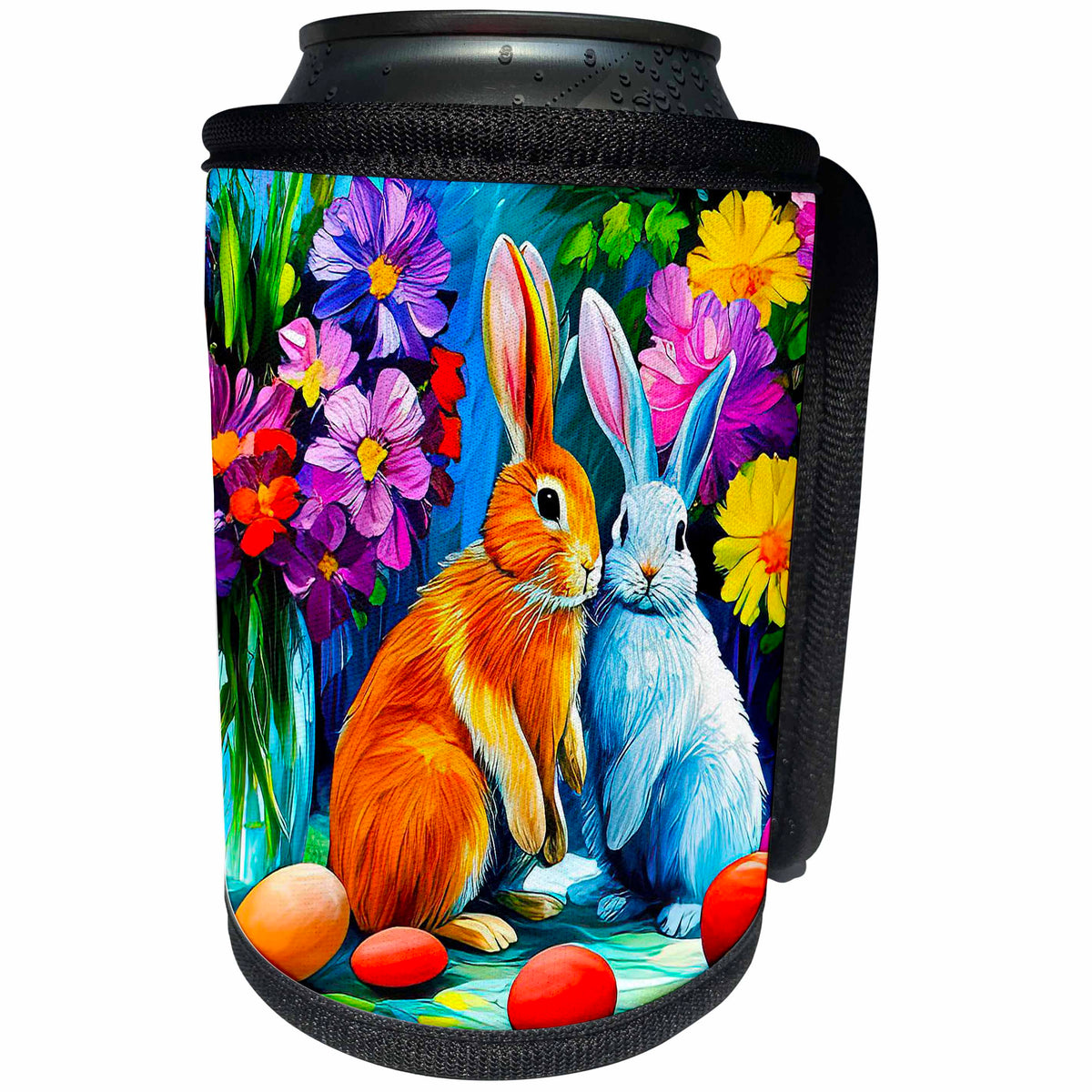 3dRose Ginger and white Easter bunnies, red, yellow eggs,... - Can Cooler Bottle Wrap (cc-376443)
