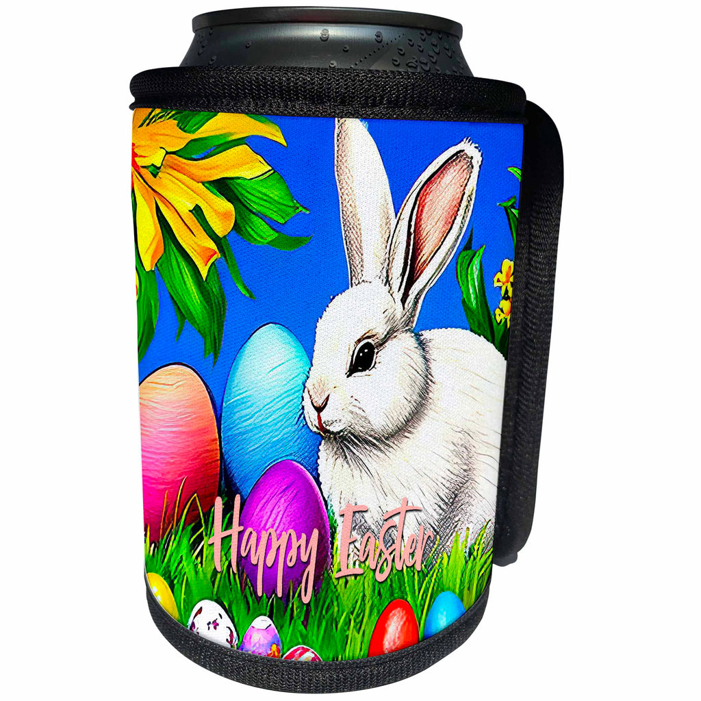 3dRose Happy Easter, white rabbit or bunny, colorful eggs,... - Can Cooler Bottle Wrap (cc-376448)
