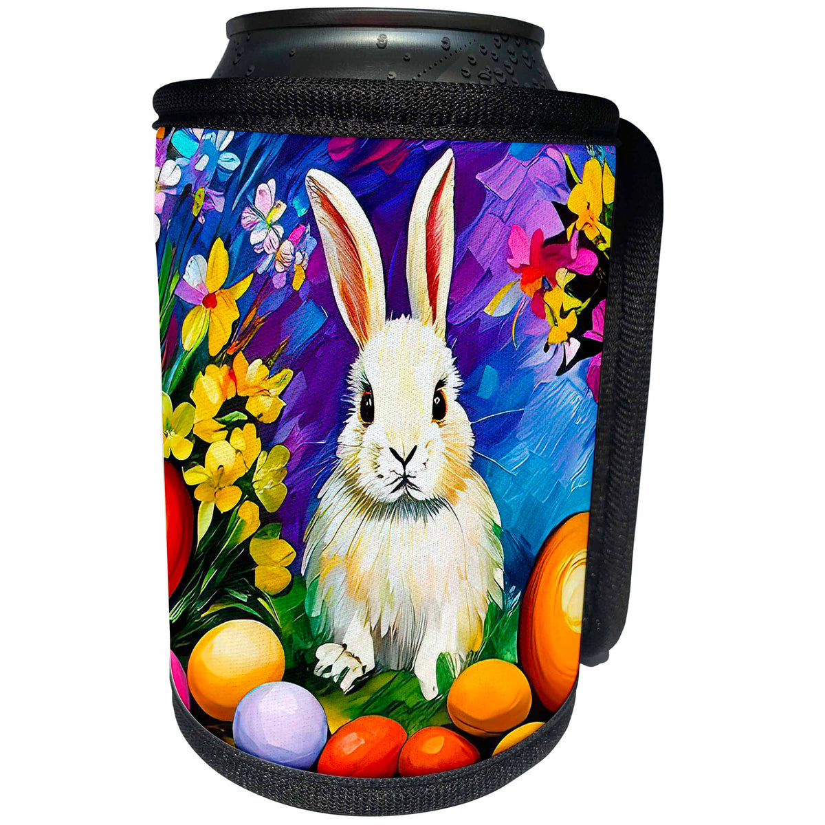 3dRose White Easter bunny, orange eggs, yellow flowers,... - Can Cooler Bottle Wrap (cc-376453)