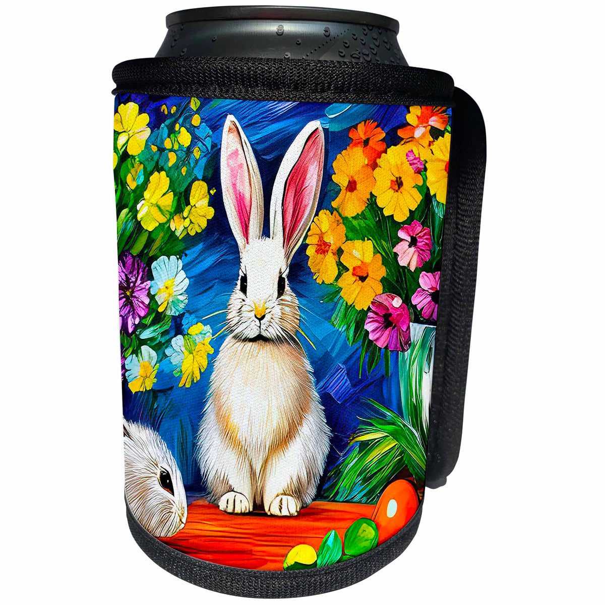 3dRose Two white Easter bunnies and spring flowers. Positive... - Can Cooler Bottle Wrap (cc-376460)