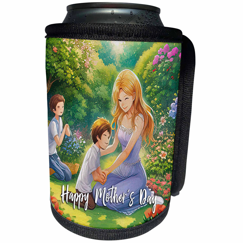 3dRose Happy Mothers Day text and smiling mother and two sons... - Can Cooler Bottle Wrap (cc-376795)