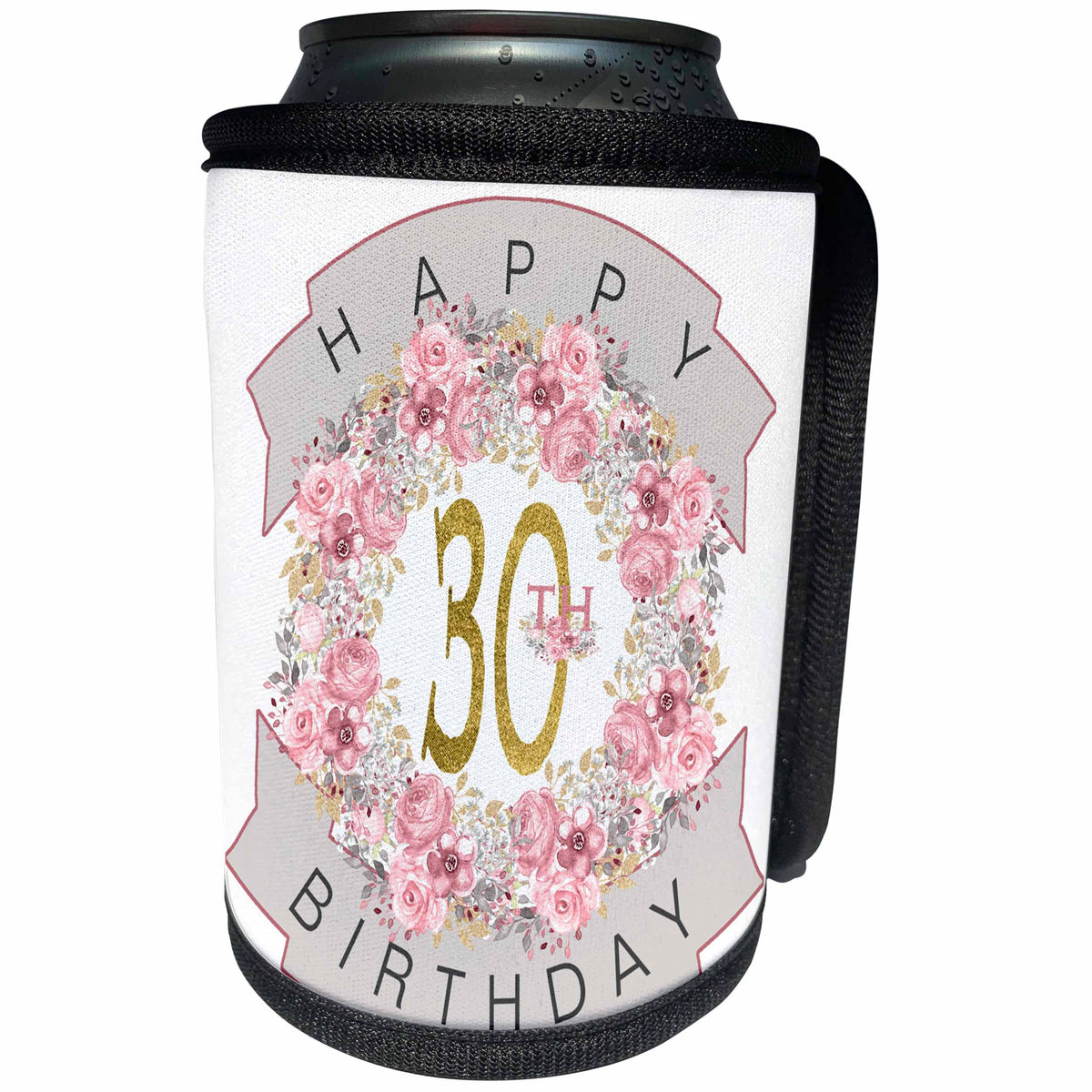 3dRose Pretty Pink Floral Wreath Happy 30th Birthday - Can Cooler Bottle Wrap (cc-376857)