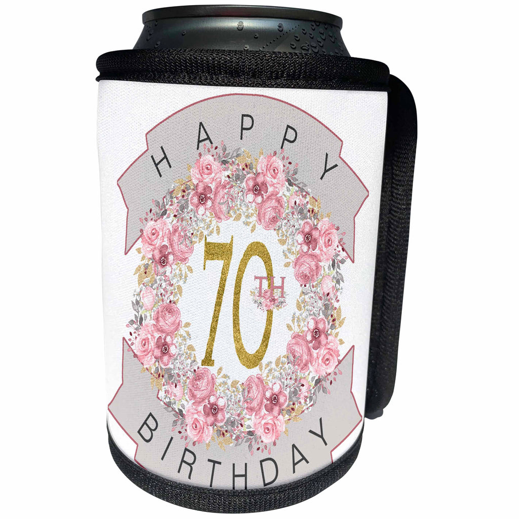 3dRose Pretty Pink Floral Wreath Happy 70th Birthday - Can Cooler Bottle Wrap (cc-376861)