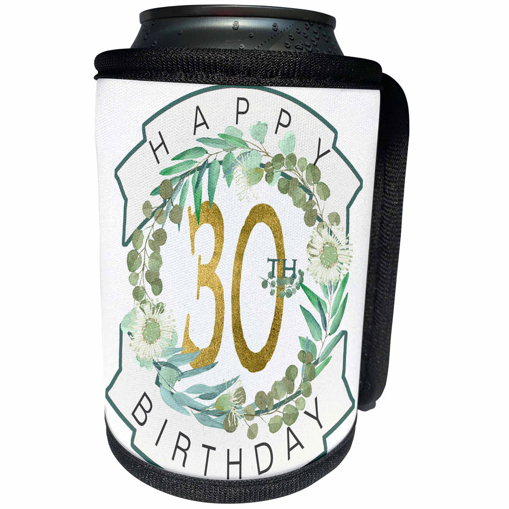 3dRose Pretty Eucalyptus Leaf Wreath Happy 30th Birthday - Can Cooler Bottle Wrap (cc-376865)
