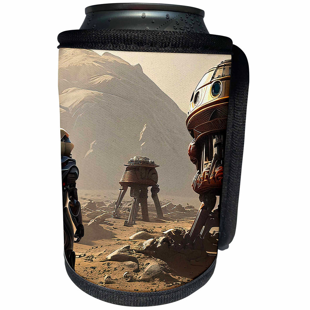 3dRose Astronaut watches industrial robots working on Mars... - Can Cooler Bottle Wrap (cc-377071)