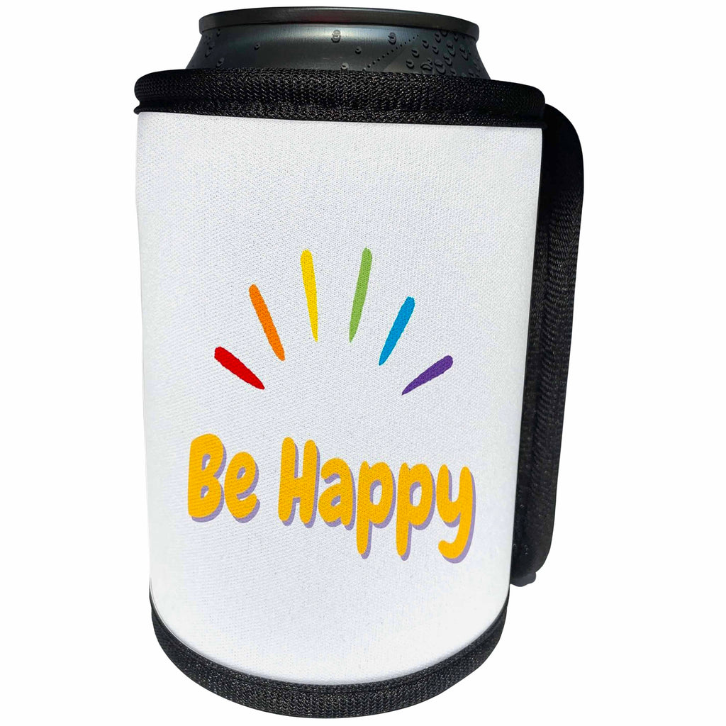 3dRose Rainbow inspired color with text of be happy - Can Cooler Bottle Wrap (cc-377146)