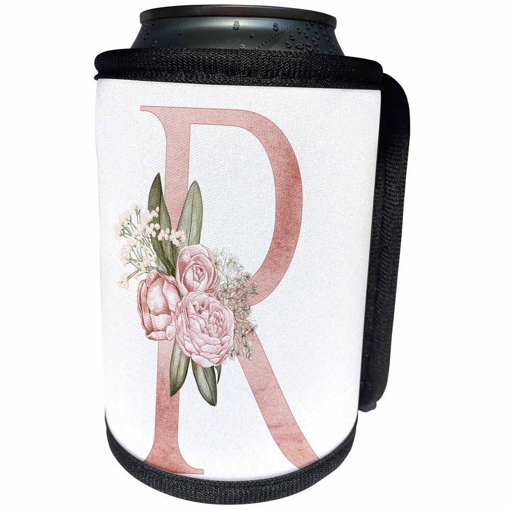 3dRose Pretty Pink Floral and Babies Breath Monogram Initial R - Can Cooler Bottle Wrap (cc-377530)